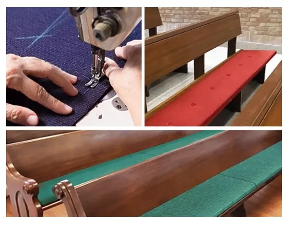 pew cushion A collage of images showing the stitching process and examples of cushions on pews